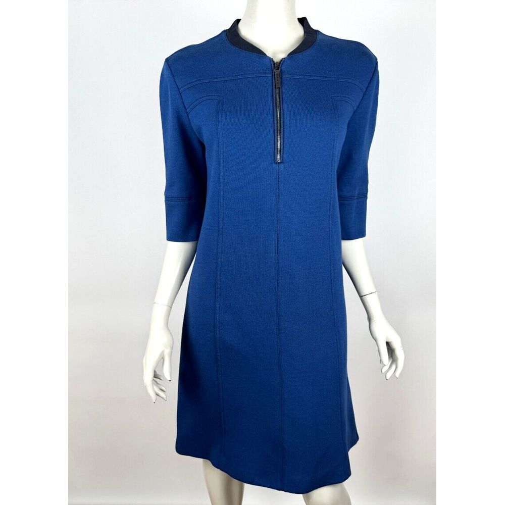 Piazza Sempione Italy Heavy Crepe Shift Dress Women 48 Half Sleeve Stretch Royal